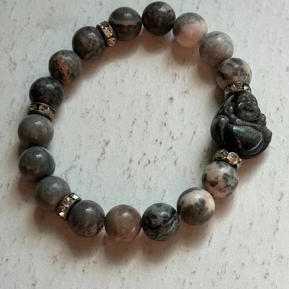 Shades of Grey! Beautiful Jasper Stretch Buddha Bracelet size 7 - Picture 3 of 8